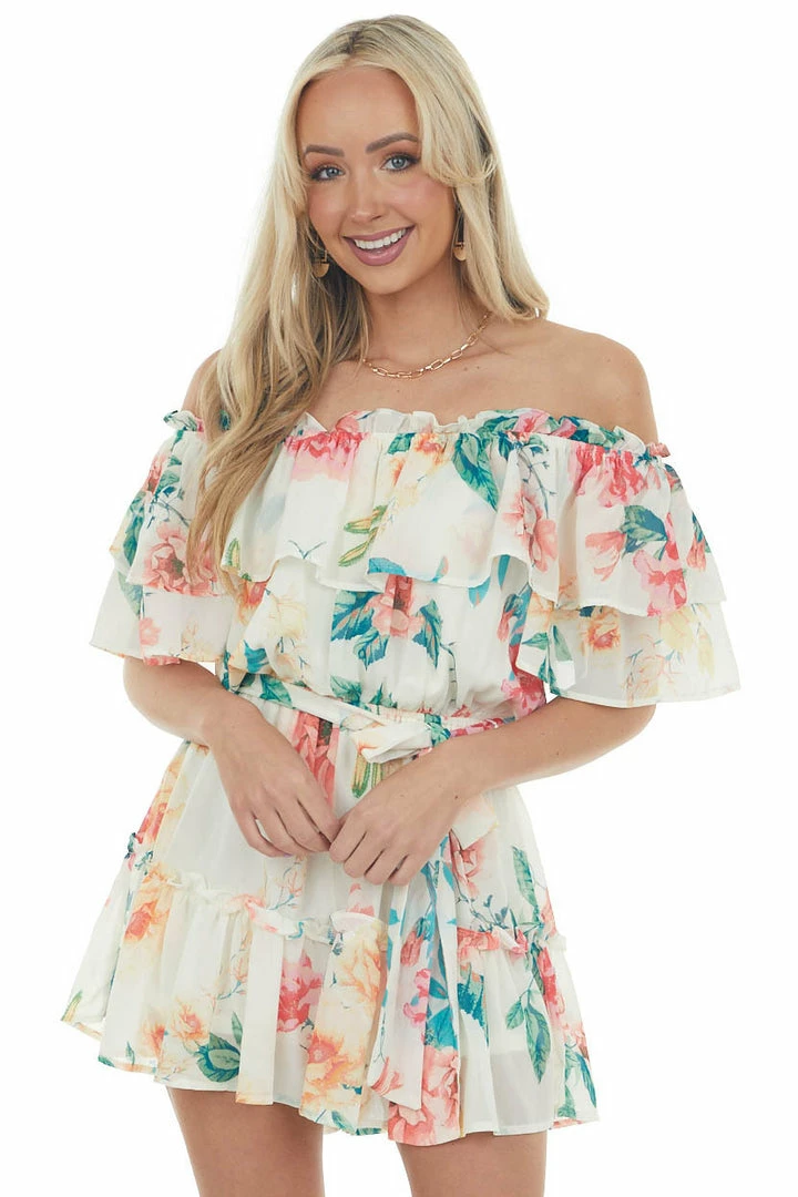 Flying Tomato Cream Floral Print Off Shoulder Woven Romper Dresses 5 Flying Tomato Cream Floral Print Off Shoulder Woven Romper Dresses