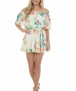 Flying Tomato Cream Floral Print Off Shoulder Woven Romper Dresses 14 Flying Tomato Cream Floral Print Off Shoulder Woven Romper Dresses