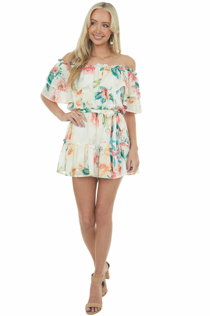Flying Tomato Cream Floral Print Off Shoulder Woven Romper Dresses 7 Flying Tomato Cream Floral Print Off Shoulder Woven Romper Dresses