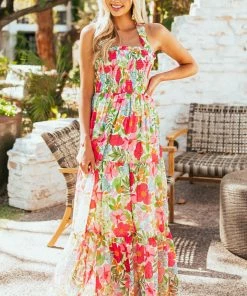 Flying Tomato Cream Floral Print Sleeveless Tiered Maxi Dress Dresses
