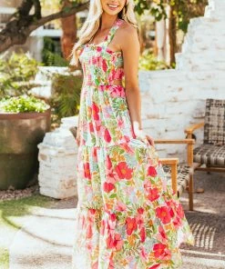 Flying Tomato Cream Floral Print Sleeveless Tiered Maxi Dress Dresses