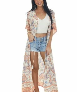 Ces Femme Cream Floral Print Tie Waist Duster Kimono