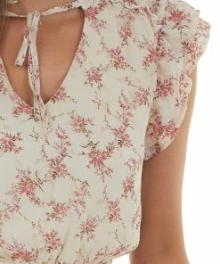 Entro Cream Floral Print V Neck Tiered Short Dress Dresses