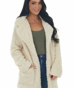 HYFVE Cream Fuzzy Sherpa Lapel Open Front Coat Outerwear