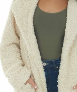 HYFVE Cream Fuzzy Sherpa Lapel Open Front Coat Outerwear