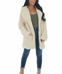 HYFVE Cream Fuzzy Sherpa Lapel Open Front Coat Outerwear
