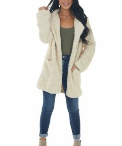 HYFVE Cream Fuzzy Sherpa Lapel Open Front Coat Outerwear