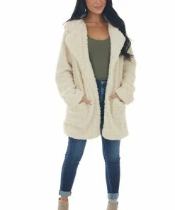 HYFVE Cream Fuzzy Sherpa Lapel Open Front Coat Outerwear