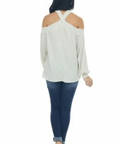 143 Story Tops Cream Glittery Halter Cold Shoulder Top