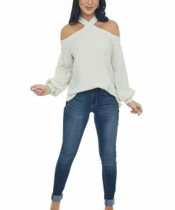 143 Story Tops Cream Glittery Halter Cold Shoulder Top
