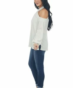 143 Story Tops Cream Glittery Halter Cold Shoulder Top