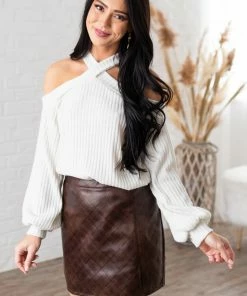 143 Story Tops Cream Glittery Halter Cold Shoulder Top