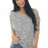 Lovely J Cream Leopard Ladder Cut Out Sleeve Knit Top Tops