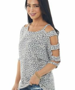 Lovely J Cream Leopard Ladder Cut Out Sleeve Knit Top Tops 12 Lovely J Cream Leopard Ladder Cut Out Sleeve Knit Top Tops
