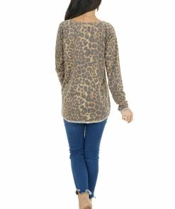 BiBi Tops Camel Leopard Print Knit Top With Reverse Stitch Details 24 BiBi Tops Camel Leopard Print Knit Top With Reverse Stitch Details