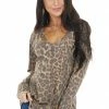BiBi Tops Camel Leopard Print Knit Top With Reverse Stitch Details