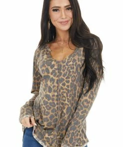 BiBi Tops Camel Leopard Print Knit Top With Reverse Stitch Details