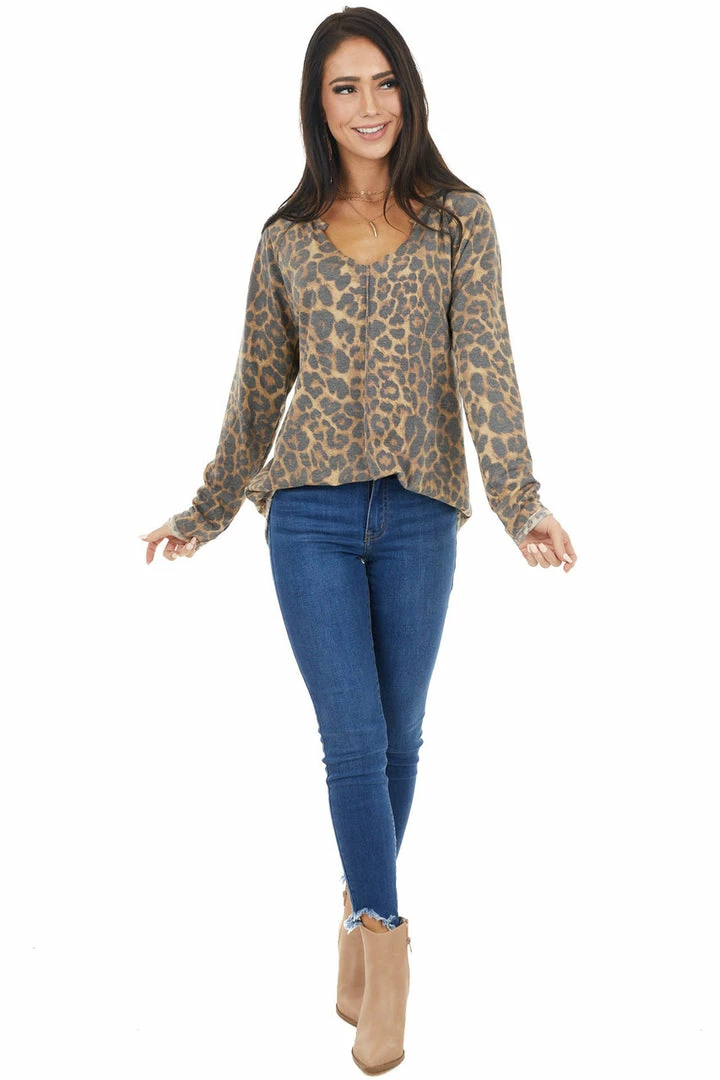 BiBi Tops Camel Leopard Print Knit Top With Reverse Stitch Details 7 BiBi Tops Camel Leopard Print Knit Top With Reverse Stitch Details