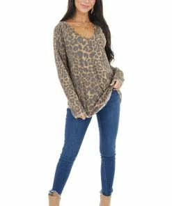 BiBi Tops Camel Leopard Print Knit Top With Reverse Stitch Details 20 BiBi Tops Camel Leopard Print Knit Top With Reverse Stitch Details