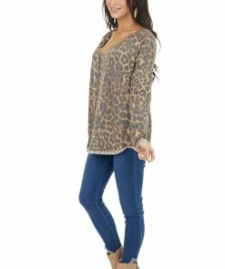 BiBi Tops Camel Leopard Print Knit Top With Reverse Stitch Details 23 BiBi Tops Camel Leopard Print Knit Top With Reverse Stitch Details