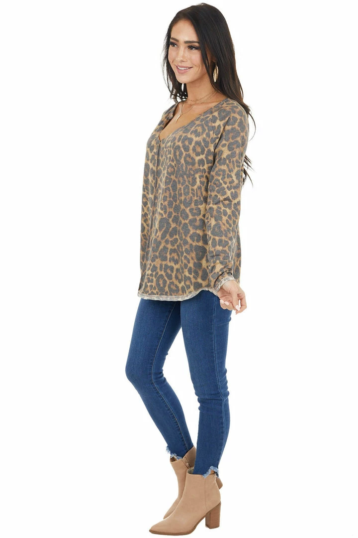 BiBi Tops Camel Leopard Print Knit Top With Reverse Stitch Details 8 BiBi Tops Camel Leopard Print Knit Top With Reverse Stitch Details