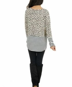 HEIMISH Cream Leopard Print Long Sleeve Top With Stripe Contrast Tops