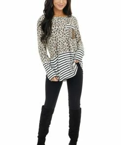 HEIMISH Cream Leopard Print Long Sleeve Top With Stripe Contrast Tops