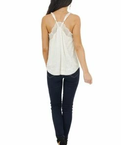 Jodifl Tops Cream Leopard Print Satin Tank Top With Lace Neckline Detail