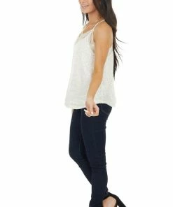 Jodifl Tops Cream Leopard Print Satin Tank Top With Lace Neckline Detail