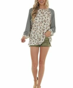 Jodifl Tops Cream Leopard Print Top With Striped Raglan Sleeve Contrast