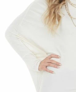 Cherish Cream Long Dolman Sleeve Knit Top With Asymmetrical Hemline