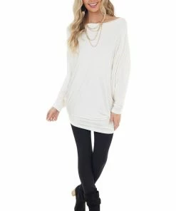 Cherish Cream Long Dolman Sleeve Knit Top With Asymmetrical Hemline