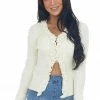 Listicle Tops Cream Long Sleeve Ruffle Ribbed Knit Cardigan