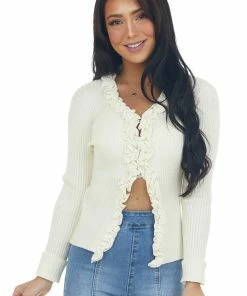 Listicle Tops Cream Long Sleeve Ruffle Ribbed Knit Cardigan