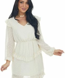 143 Story Cream Long Sleeve Ruffle Swiss Dot Dress