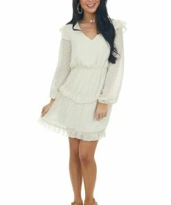 143 Story Cream Long Sleeve Ruffle Swiss Dot Dress