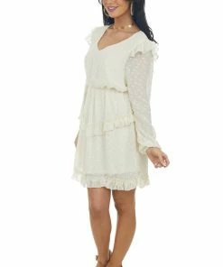 143 Story Cream Long Sleeve Ruffle Swiss Dot Dress