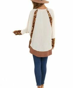 Umgee Cream Long Sleeve Waffle Knit Top With Leopard Contrast