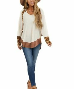 Umgee Cream Long Sleeve Waffle Knit Top With Leopard Contrast