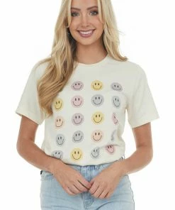 Blume+Co Cream Multi Smiley Face Graphic Tee Shirt