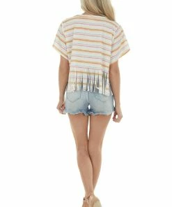 Peach Love Cream Multicolor Striped Fringed Hem Knit Top