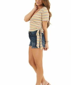 Sadie & Sage Tops Cream Multicolor Striped Textured Knit Top With Side Tie 23 Sadie & Sage Tops Cream Multicolor Striped Textured Knit Top With Side Tie