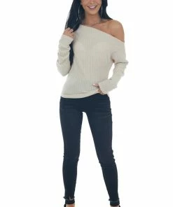 Peach Love Cream Off Shoulder Glitter Ribbed Knit Top Tops