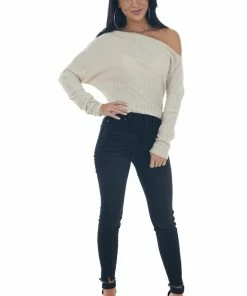 Peach Love Cream Off Shoulder Glitter Ribbed Knit Top Tops