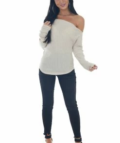 Peach Love Cream Off Shoulder Glitter Ribbed Knit Top Tops