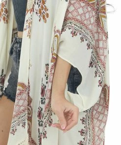 ANGIE Cream Printed Side Slit Tassel Trim Kimono