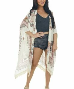 ANGIE Cream Printed Side Slit Tassel Trim Kimono