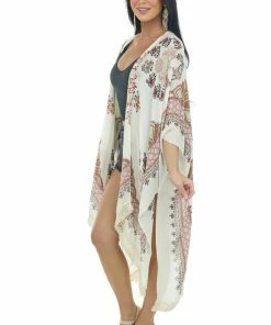 ANGIE Cream Printed Side Slit Tassel Trim Kimono