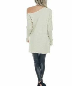 143 Story Cream Ribbed Knit Asymmetrical Boat Neck Top Tops