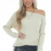 143 Story Cream Ribbed Knit Asymmetrical Boat Neck Top Tops